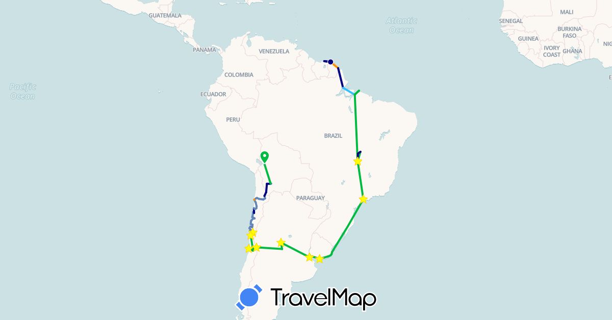 TravelMap itinerary: driving, bus, cycling, hiking, boat, hitchhiking, camion-navette in Argentina, Bolivia, Brazil, Chile, French Guiana, Suriname, Uruguay (South America)